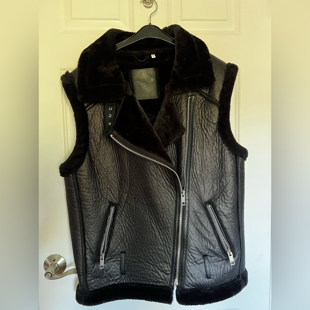 Oversized Black Faux Fur Lined Moto Vest